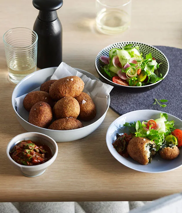 Silverbeet and feta kibbeh with kasundi