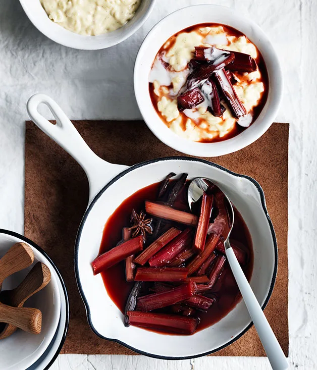 Coconut rice pudding with star anise and rhubarb