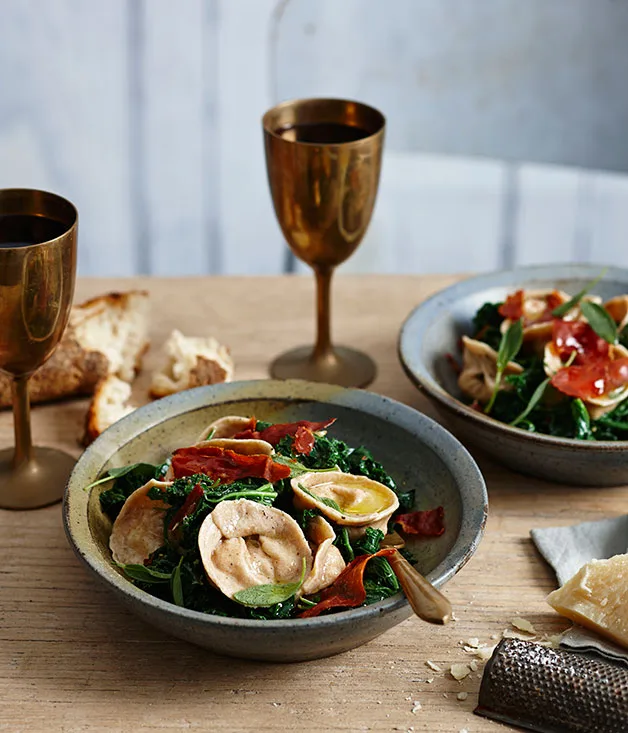 Spelt tortellini with rabbit, kale, tarragon butter and fried prosciutto