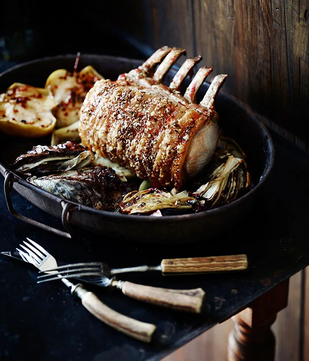 Standing rib roast of pork with radicchio