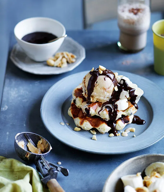 Chocolate-chip waffles with peanut-butter fudge ice-cream