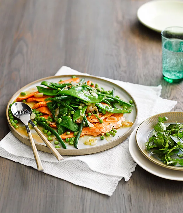 Escalopes of ocean trout with spring vegetables