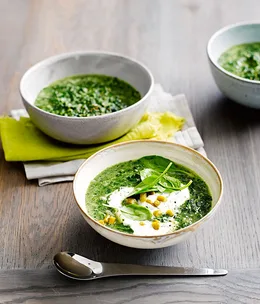 Spinach and quinoa soup with yoghurt and pickled chillies