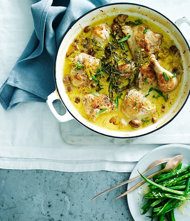 Chicken braised in mustard and verjuice with buttered green beans