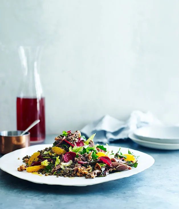 Confit duck, lentil and walnut salad