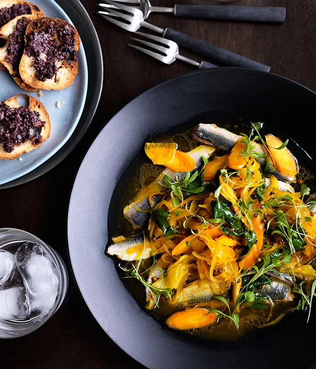 Escabeche of sardines, saffron and tapenade