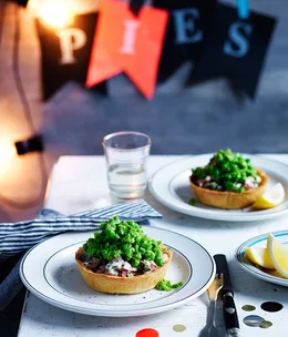 Smoked trout and fennel pies with peas