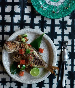 Grilled fish with sambal matah, watermelon and cucumber