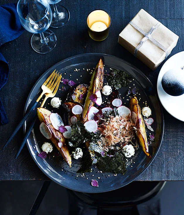 Eggplant, goat’s curd, katsuobushi and sesame