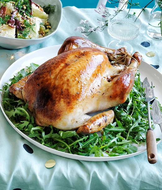 Roast turkey with pistachio and rosemary stuffing, and fig and mint salad