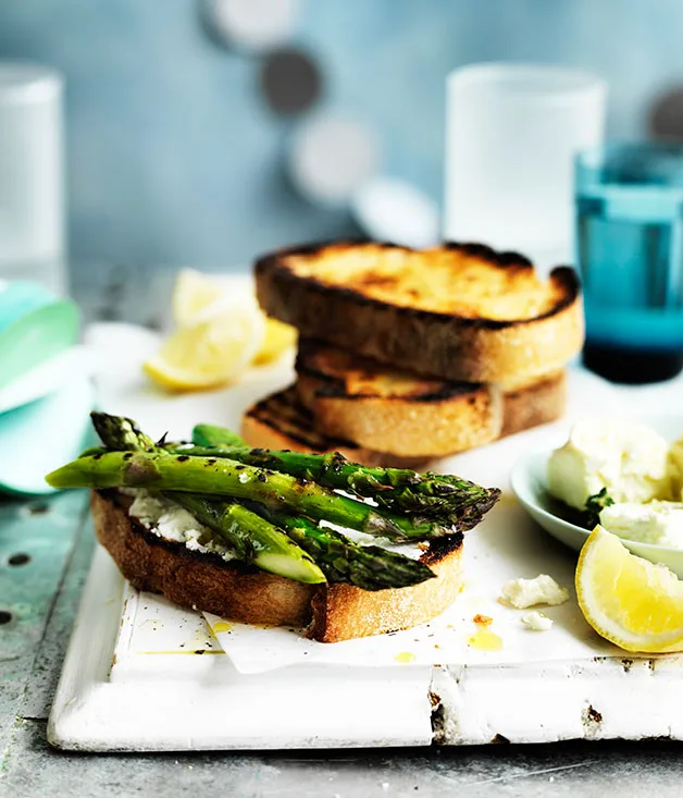 Asparagus and marinated feta crostini