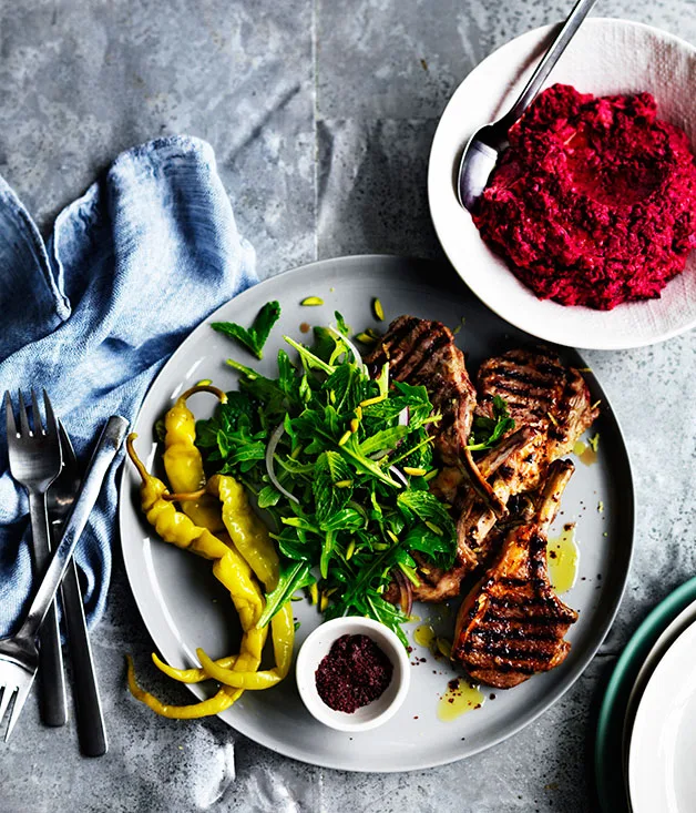 Sumac lamb cutlets with beetroot hummus