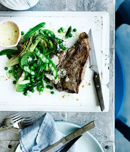 T-bone steaks with barbecued lettuce and peas