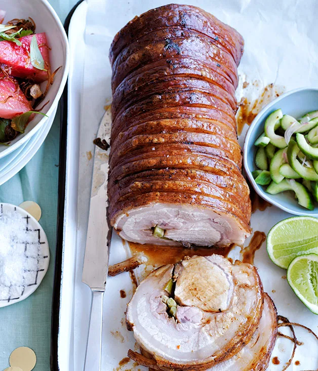 Sticky soy-glazed pork with pickled cucumber