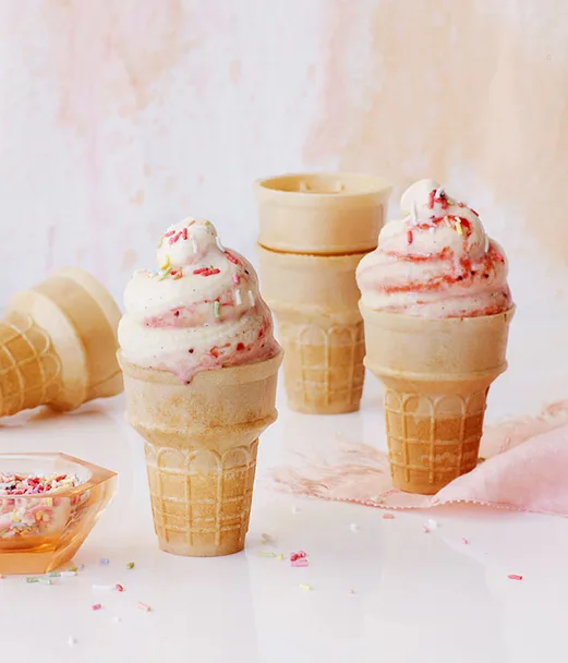Buttermilk and strawberry soft-serve cones