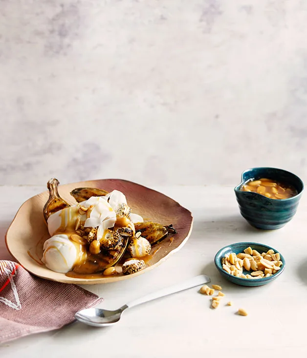 Char-grilled banana splits with salted peanut caramel