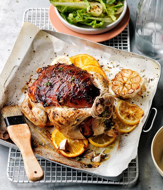 Pancetta-wrapped barbecue chicken recipe | Gourmet Traveller