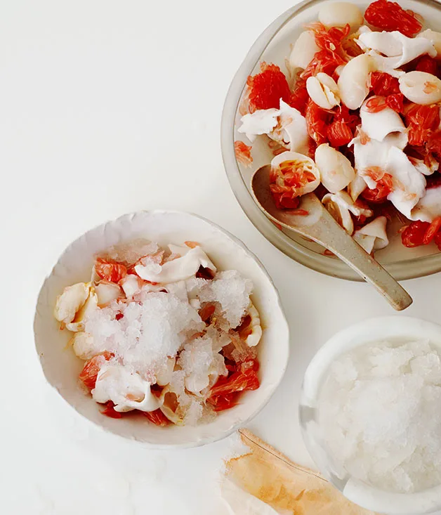 Young coconut-water ice with lychee and pomelo