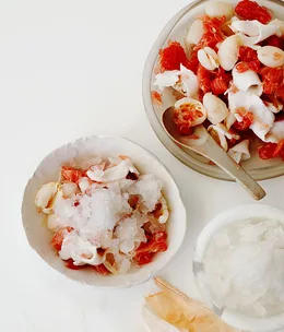 Young coconut-water ice with lychee and pomelo