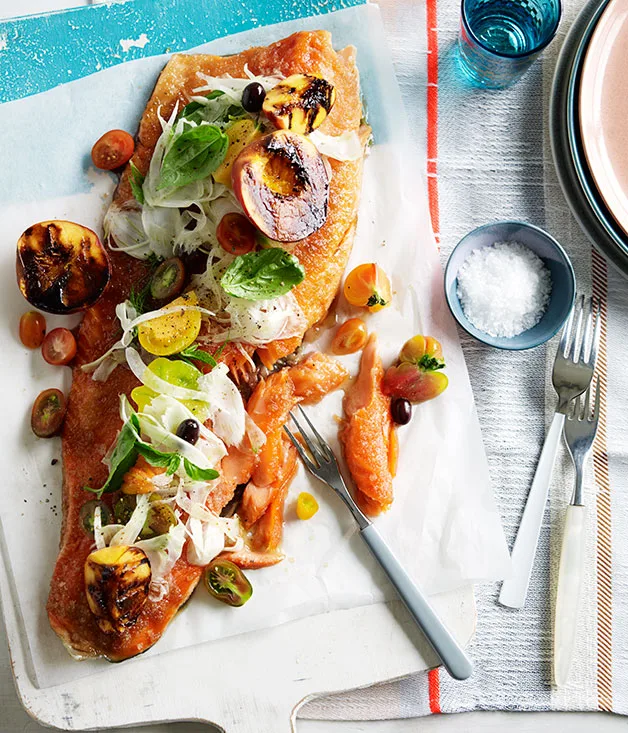 Tea-smoked ocean trout with grilled peach salad