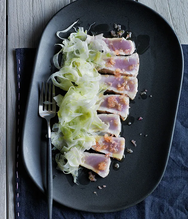 Grilled kingfish belly, fennel and grilled finger lime