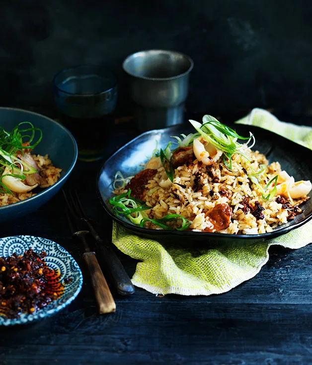 Chilli fried rice with Chinese roast duck and lychees