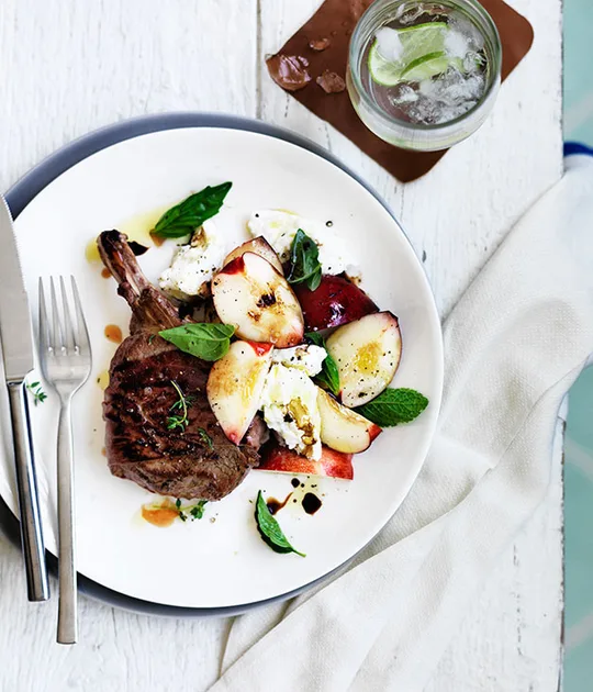Grilled veal cutlets with peach, mozzarella and basil recipe | Gourmet Traveller
