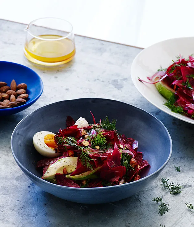 Beetroot and egg salad with avocado and smoked almonds