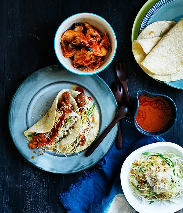 Bulgogi pork tacos with nashi slaw