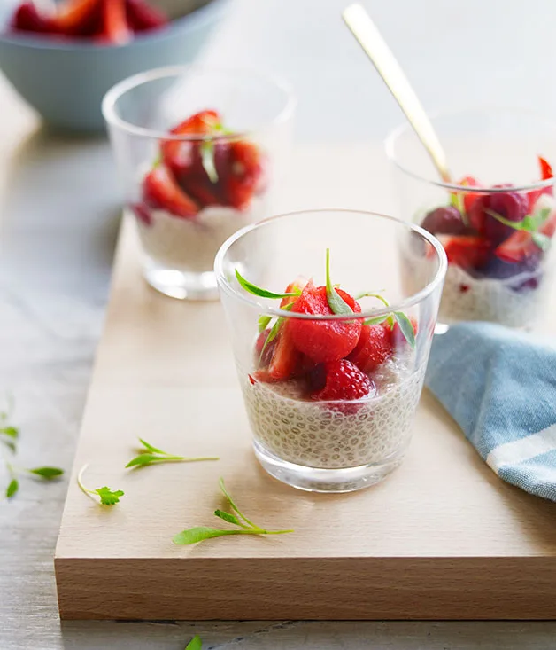 Almond-milk chia with berries and watermelon in eucalyptus-hibiscus syrup