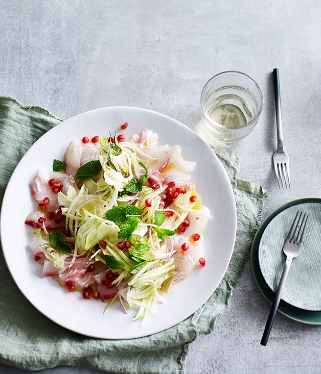 Pink snapper crudo with fennel, pomegranate and mint