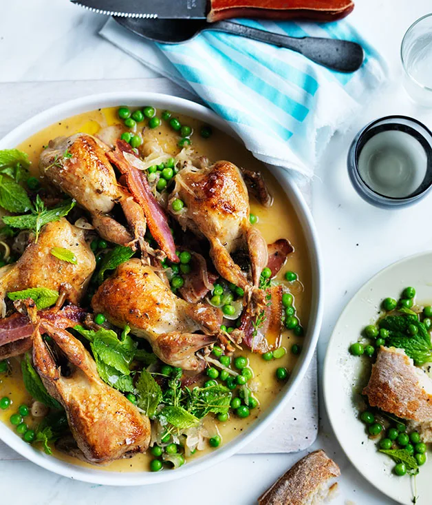 Roast quail with bacon, peas and mint