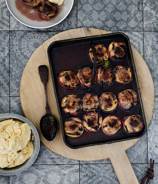 Roast peaches with amaretti and Marsala ice-cream