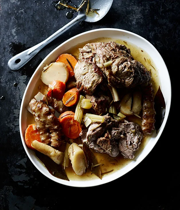 Braised lamb with Jerusalem artichokes, carrots and cumin