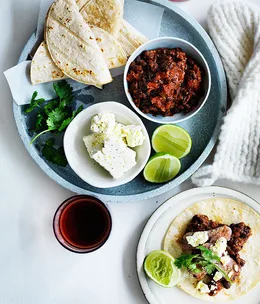 Soft tacos with black bean mole and flank steak