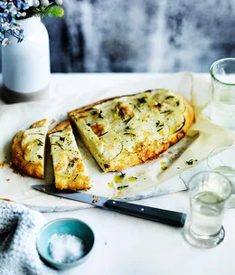 No-yeast schiacciata with potato, Fontina and rosemary