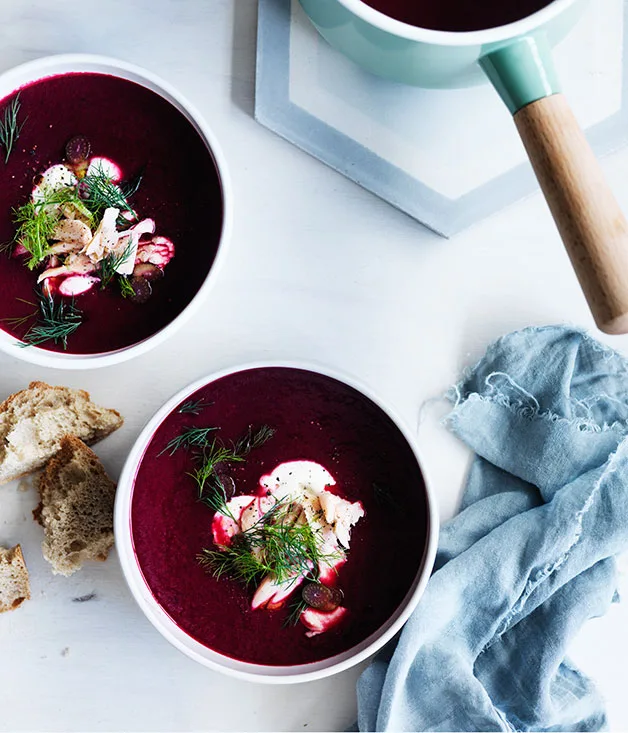 Beetroot soup with smoked trout and dill