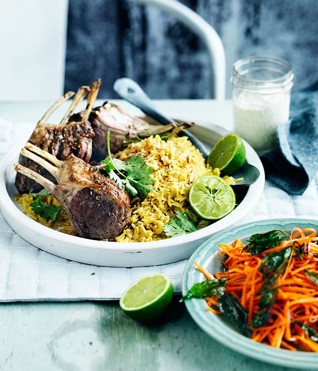 Spiced lamb rack with coconut saffron pilaf