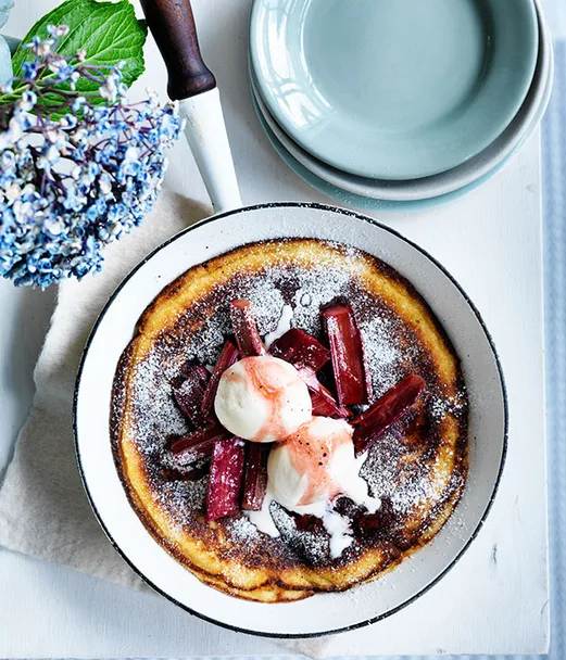 Thick ricotta pancake with roast rhubarb
