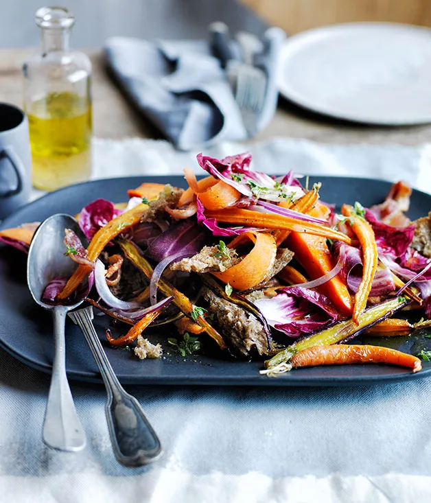 Warm roast carrot and parsnip salad with rye croûtons