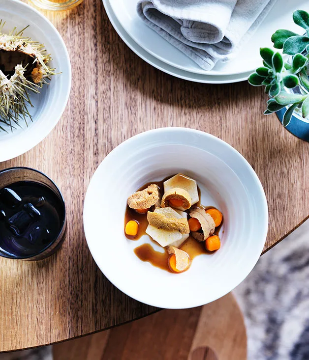 Sea urchin with chilled root vegetables braised in dashi