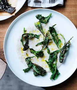Smoked bone marrow rice with toasted leaves