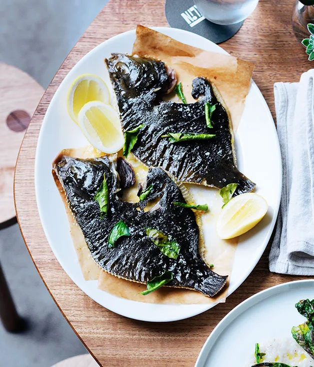 Flounder with cultured butter and lemon leaves