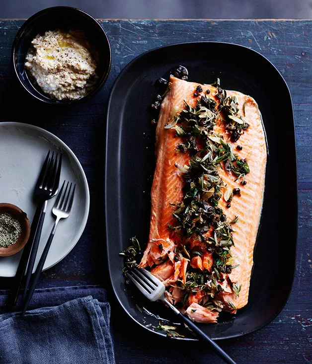 Roast trout with almond sauce, rosemary and capers