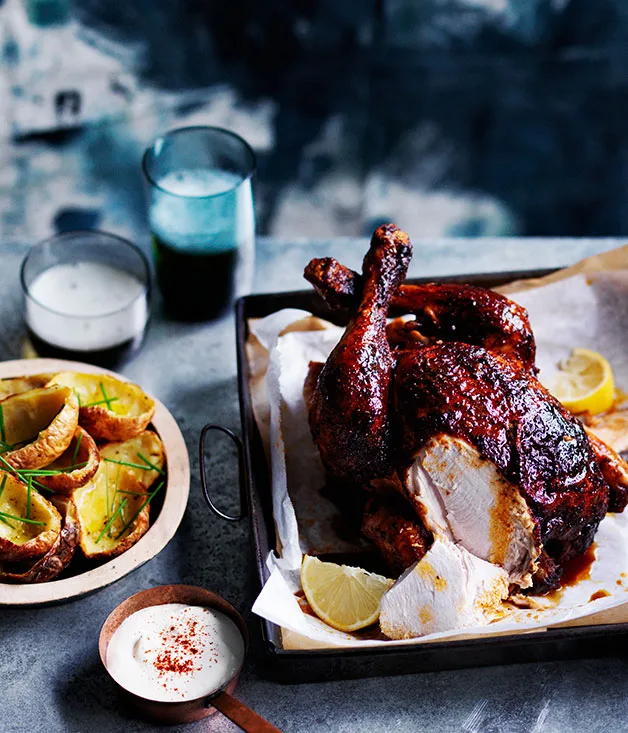 Memphis-style beer-can chicken with potato skins