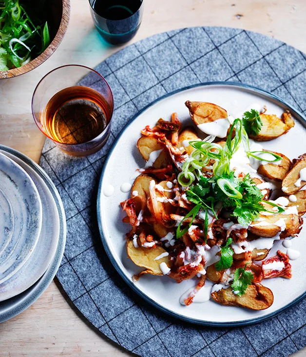 Kimchi potatoes with spring onions