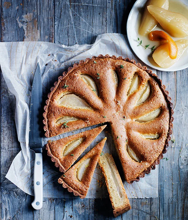 Pear, thyme and hazelnut tart