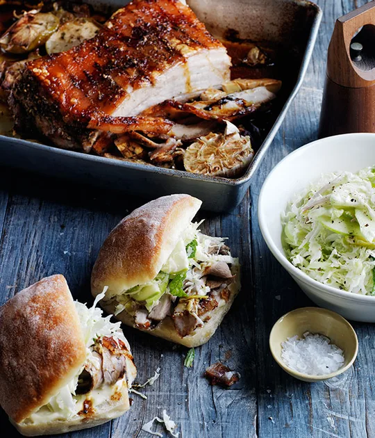 Roast pork rolls with apple slaw recipe | Gourmet Traveller