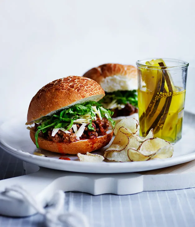 Sloppy Joes with pickles, cheese and chips