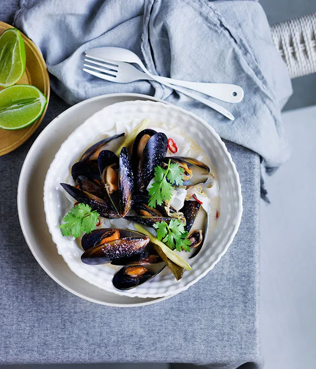 Thai-style mussels and noodles in lemongrass-coconut broth